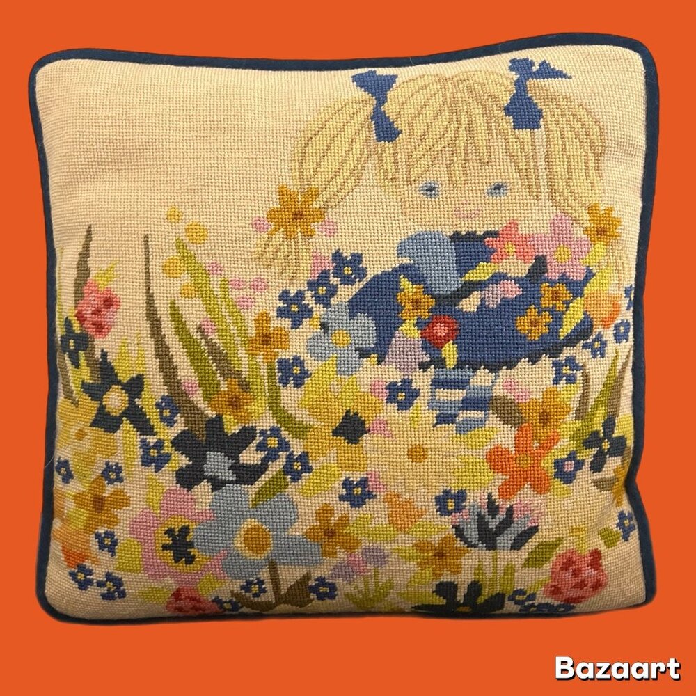 Vintage Needlepoint Pillow Blonde Hair Blue Eyed Girl Walking In Flower Field